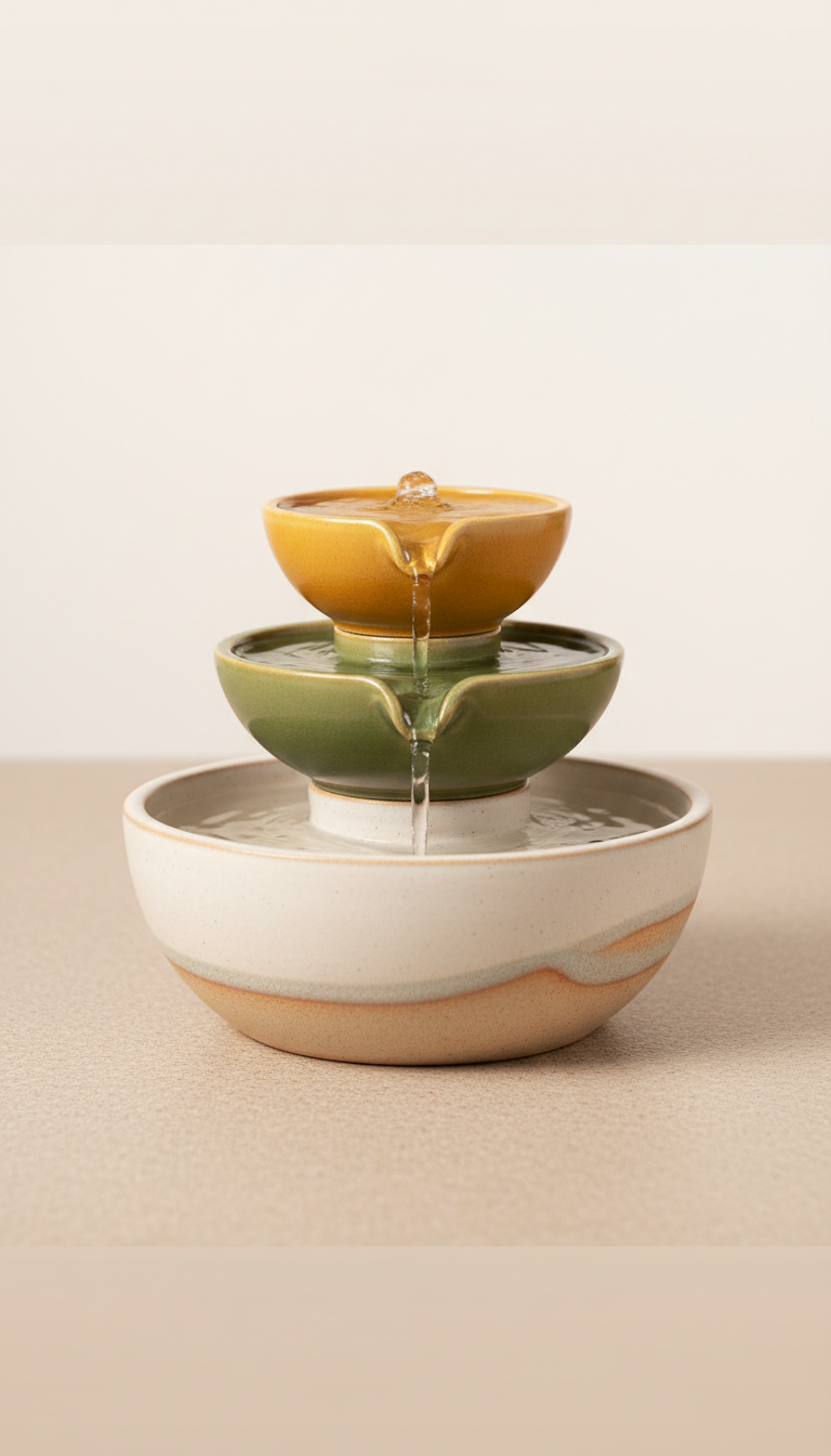 Ceramic water fountain with amber detail